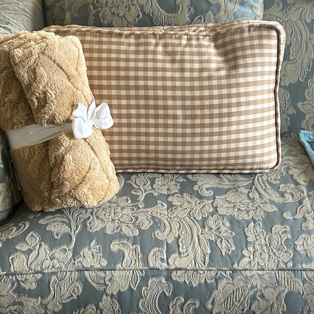 Gingham Pillow and Plush Blanket Set Tan Brown All Season Vintage Ethan Allen